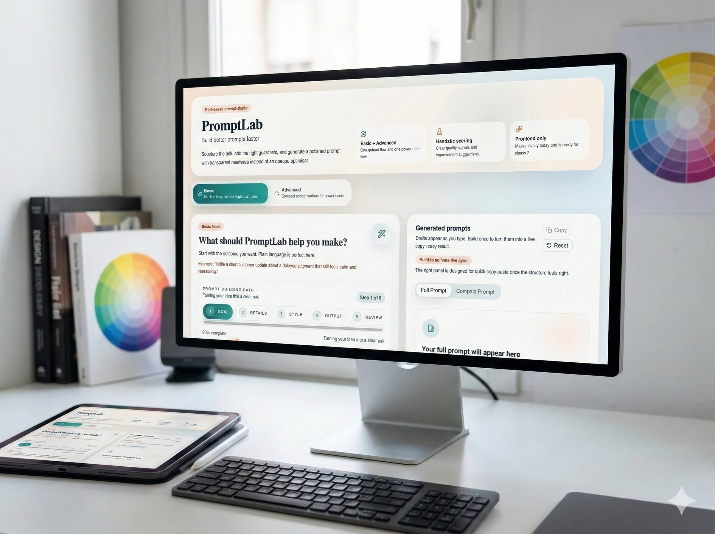 PromptLab workspace shown on a desktop monitor in a real environment